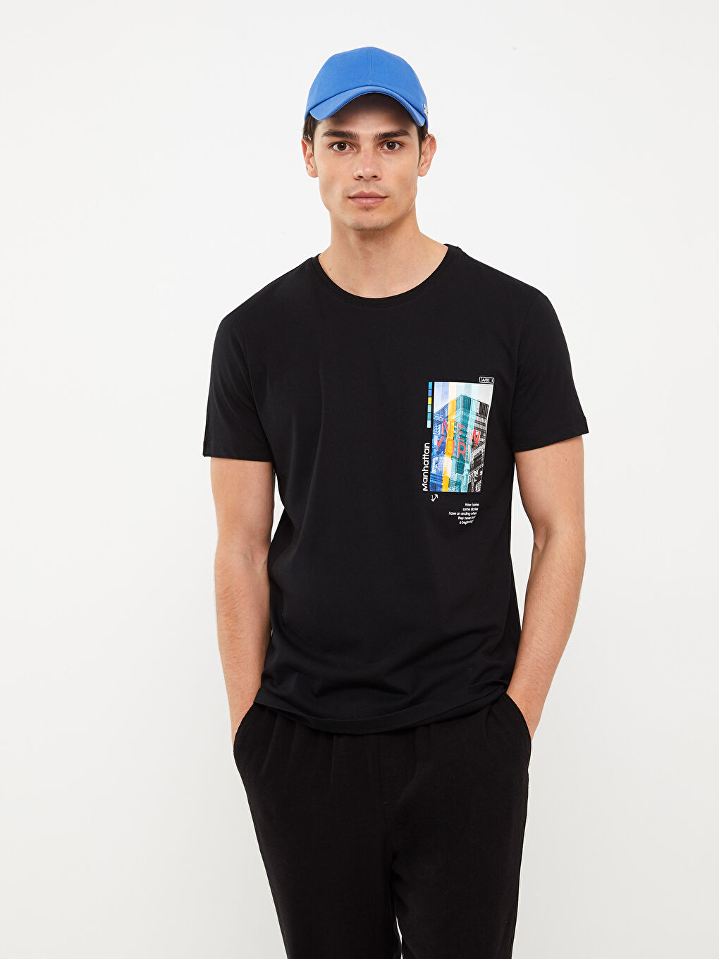 Siyah Bisiklet Yaka Kısa Kollu Baskılı Penye Erkek Tişört-1
