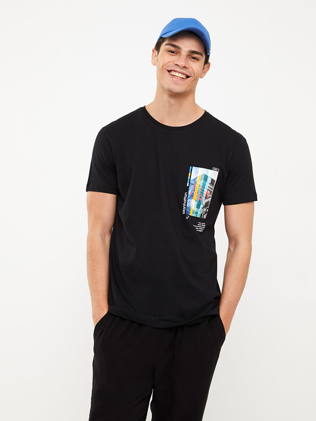 Siyah Bisiklet Yaka Kısa Kollu Baskılı Penye Erkek Tişört-2