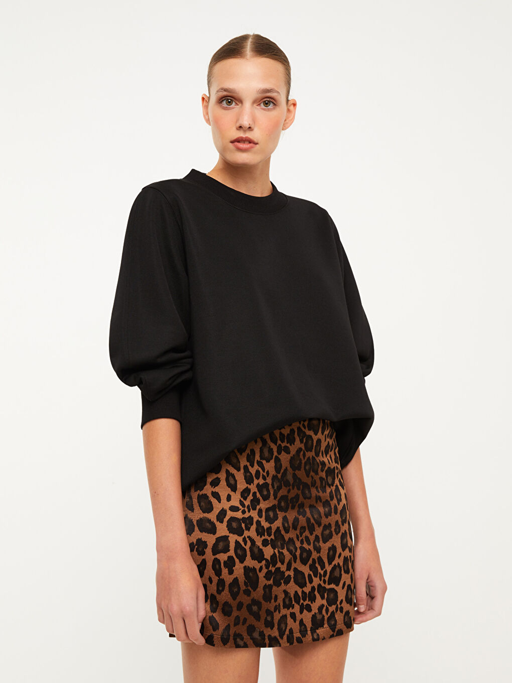 Kahverengi Beli Fermuarlı Desenli Saten Kadın Etek