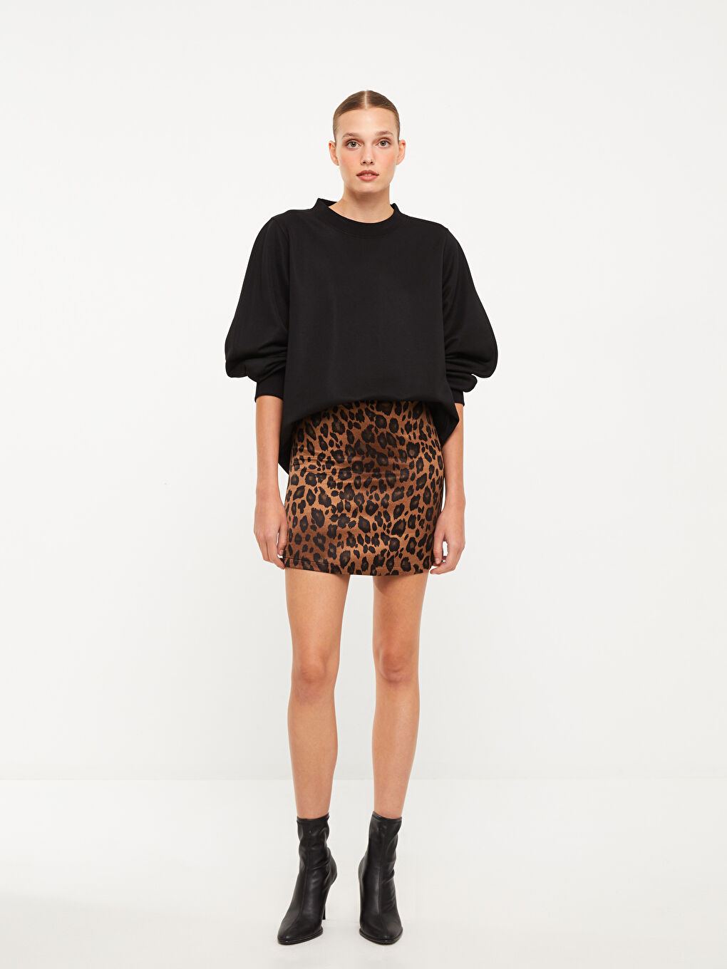 Kahverengi Beli Fermuarlı Desenli Saten Kadın Etek-1