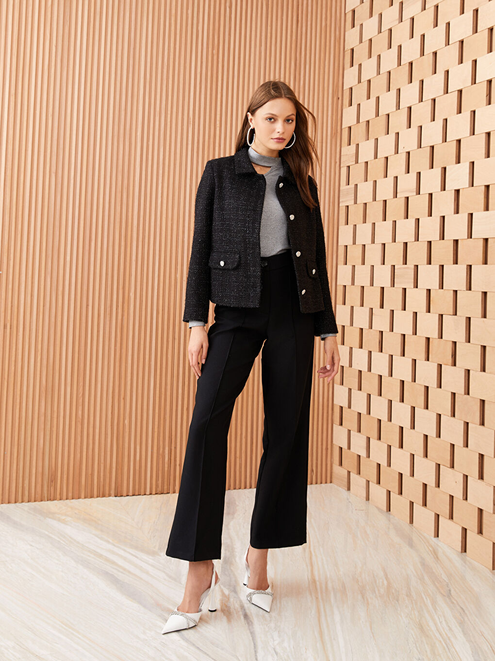 Shirt Neck Self Patterned Long Sleeve Women's Jacket-5
