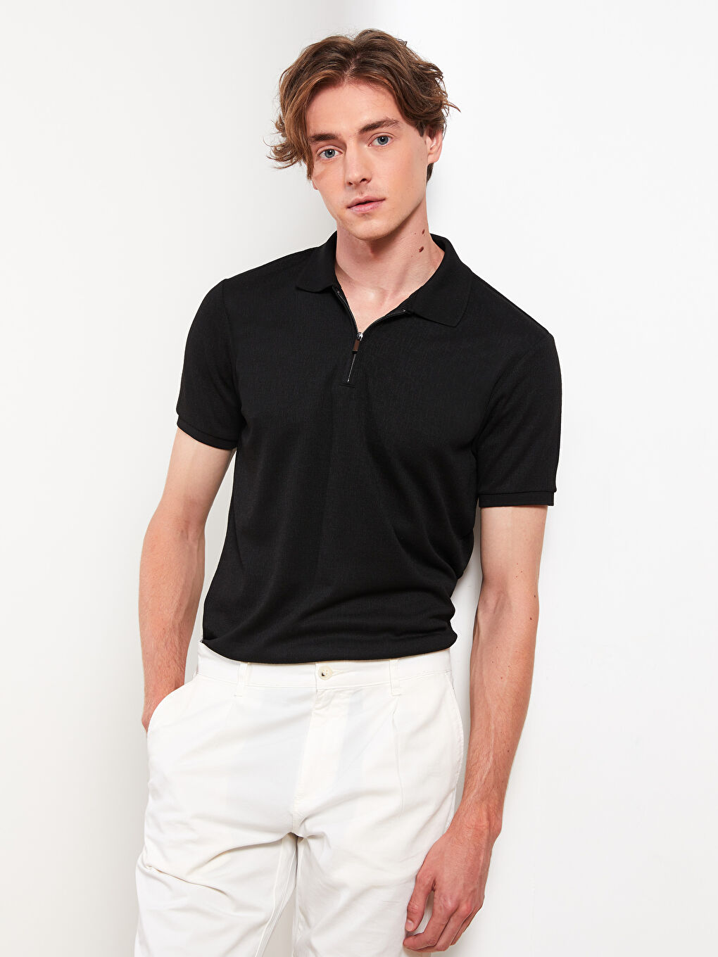 Siyah Polo Yaka Kısa Kollu Erkek Tişört-1