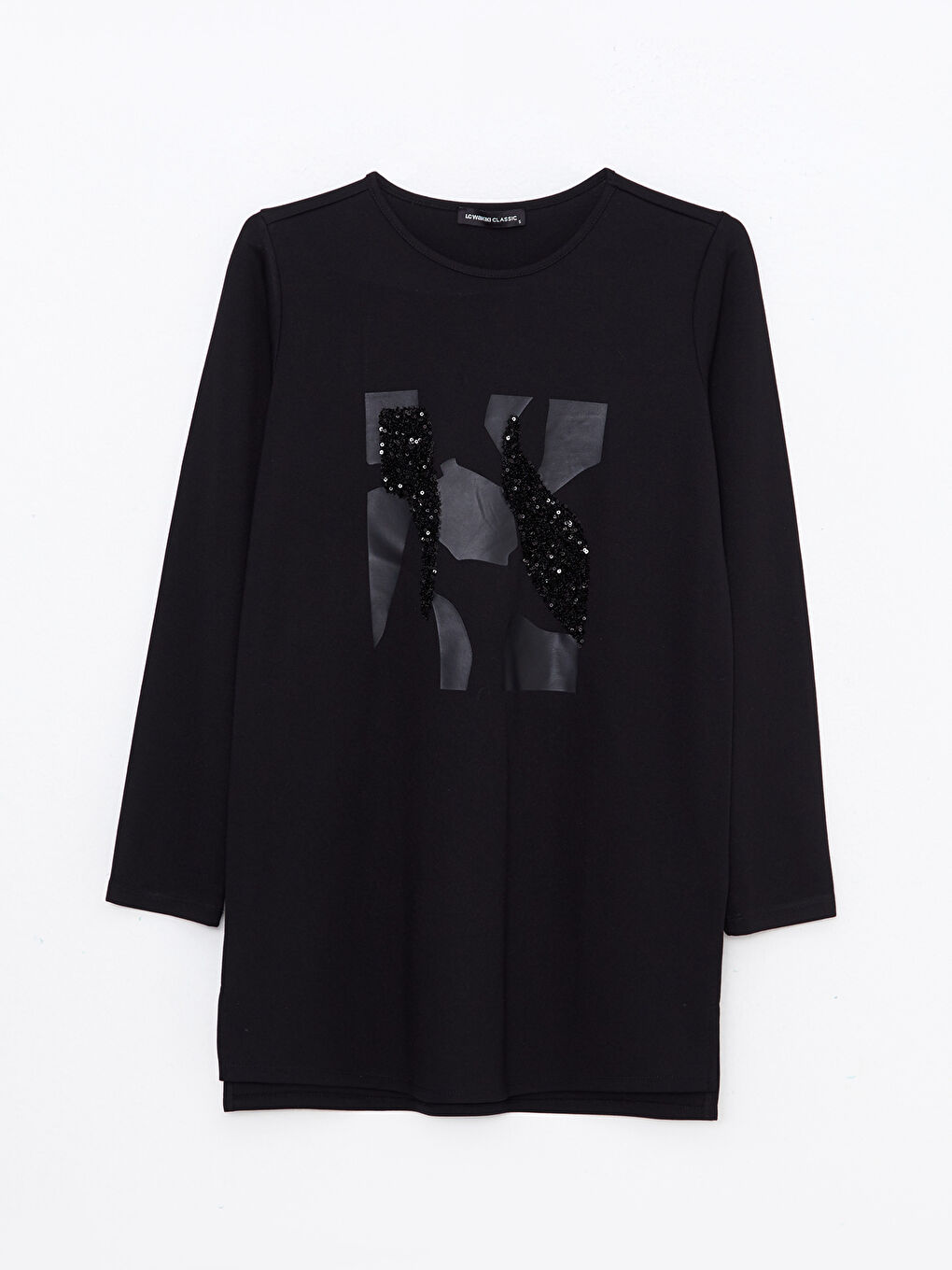 Siyah Bisiklet Yaka Pul Payet İşlemeli Uzun Kollu Kadın Tunik-4