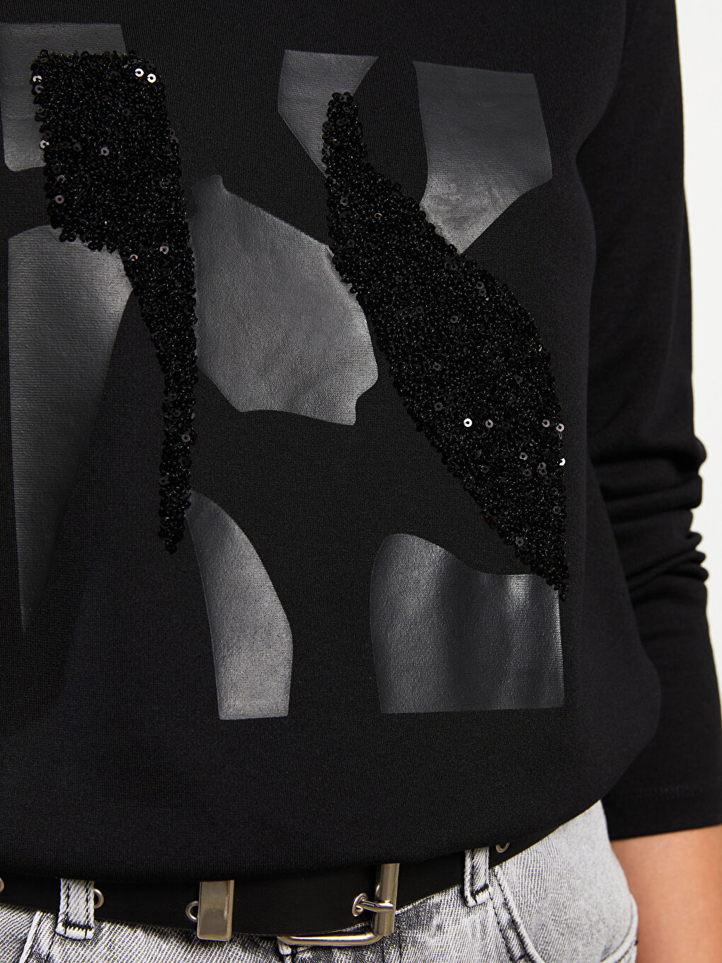 Siyah Bisiklet Yaka Pul Payet İşlemeli Uzun Kollu Kadın Tunik-2