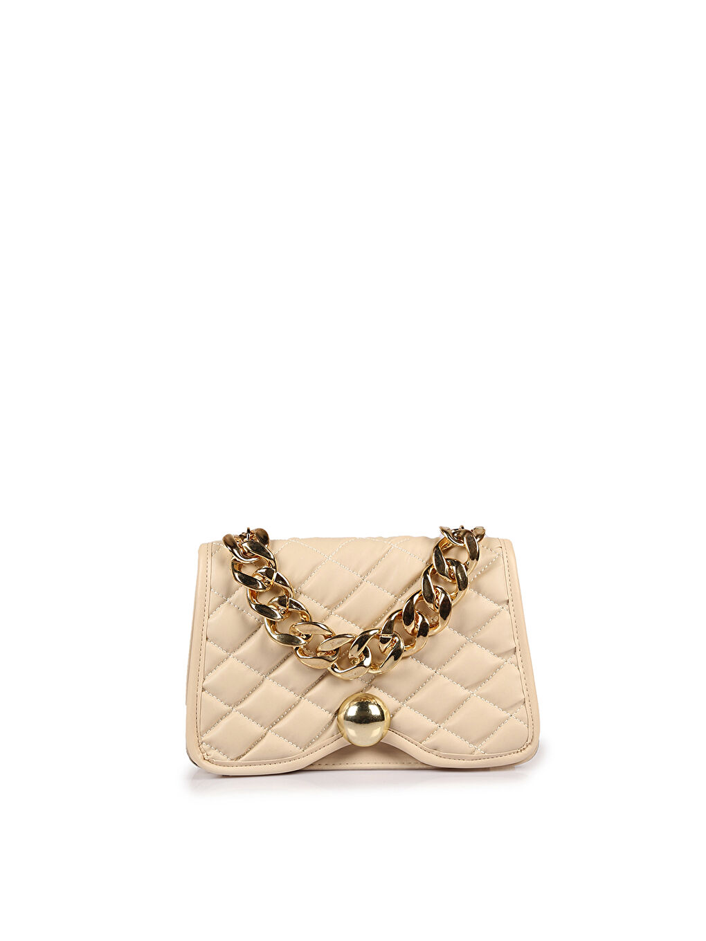 Bej Kapitoneli Zincir Askılı Kadın Omuz Çantası-1