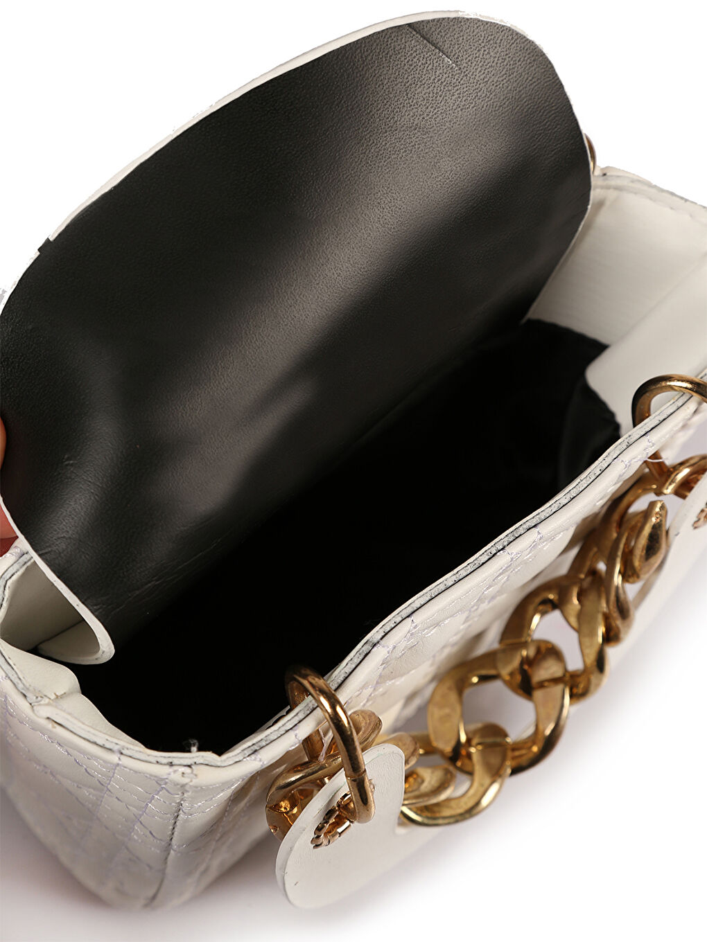 Beyaz Zincir Detaylı Kadın Omuz Çantası-3