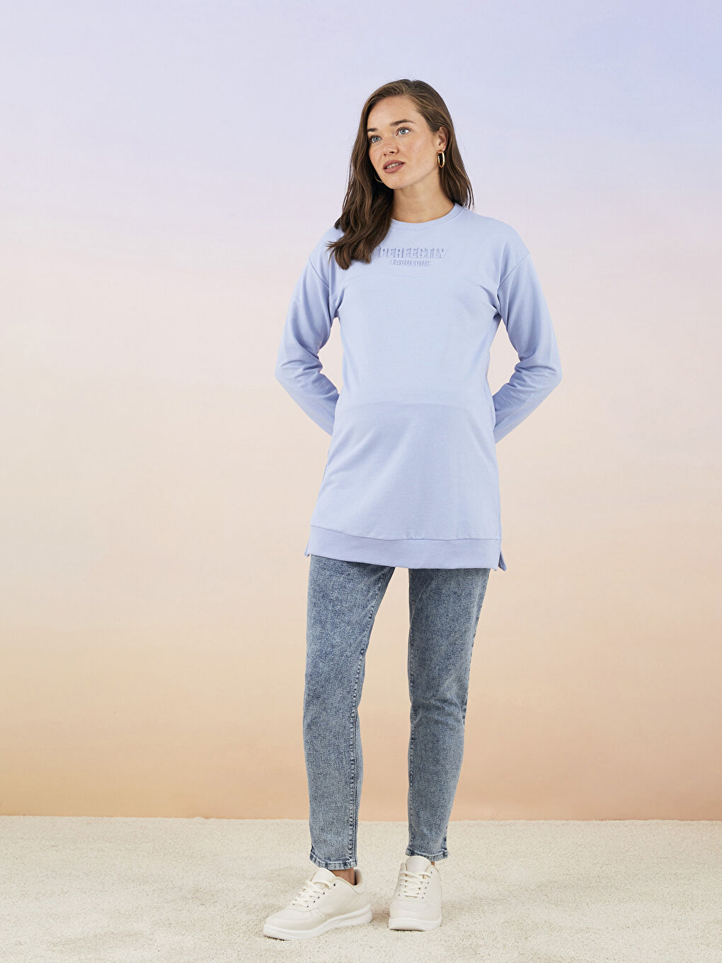 Lacivert Bisiklet Yaka Baskılı Uzun Kollu Hamile Sweatshirt Tunik-2