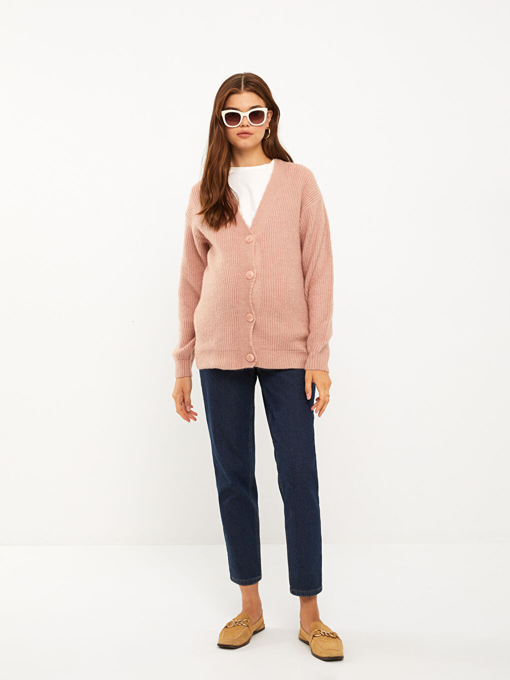 Kahverengi V Yaka Düz Uzun Kollu Hamile Triko Hırka