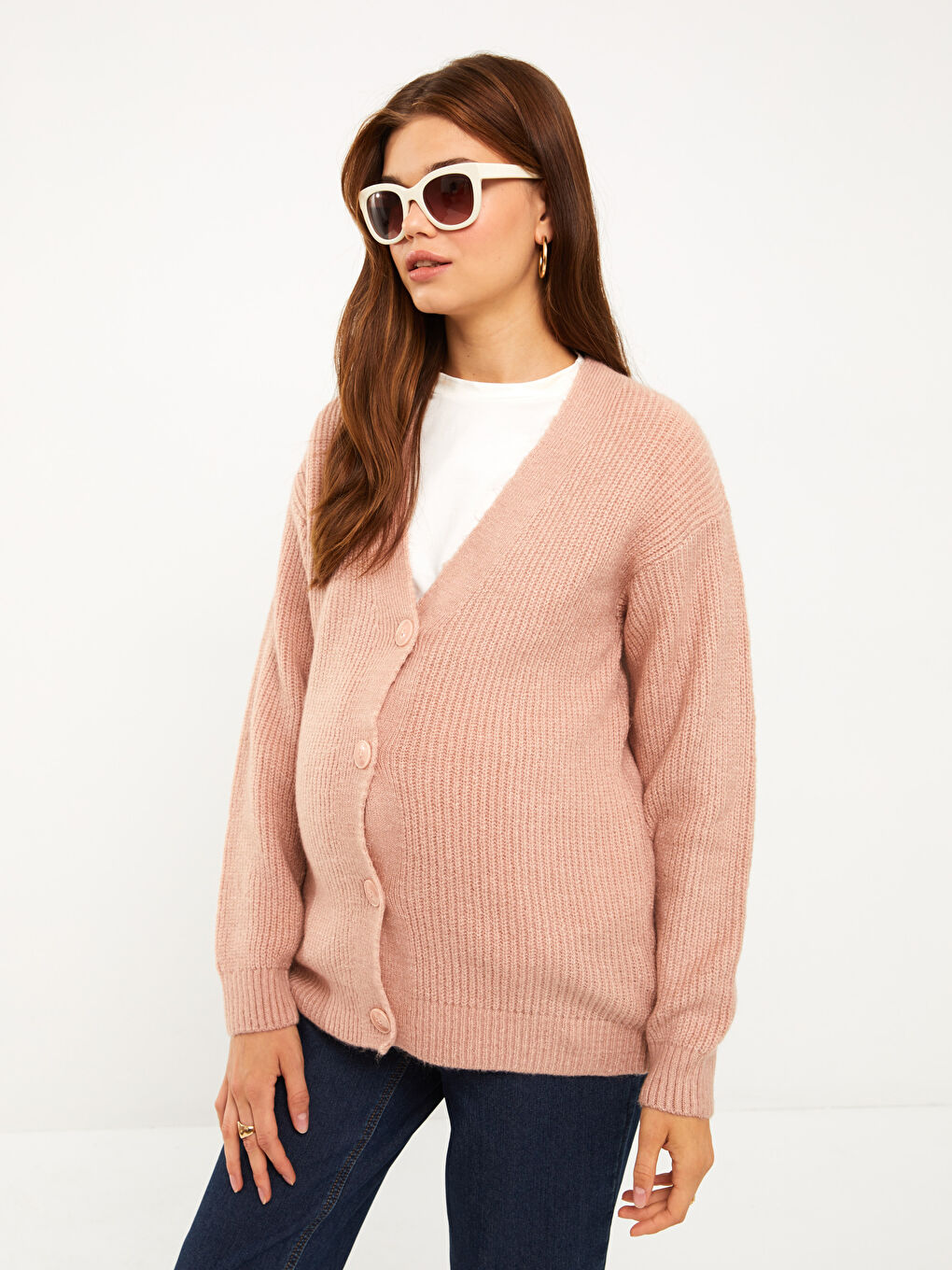 Kahverengi V Yaka Düz Uzun Kollu Hamile Triko Hırka-1