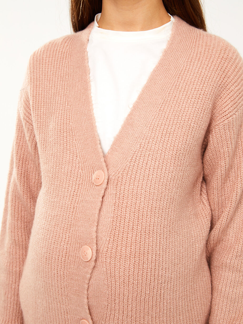 Kahverengi V Yaka Düz Uzun Kollu Hamile Triko Hırka-3