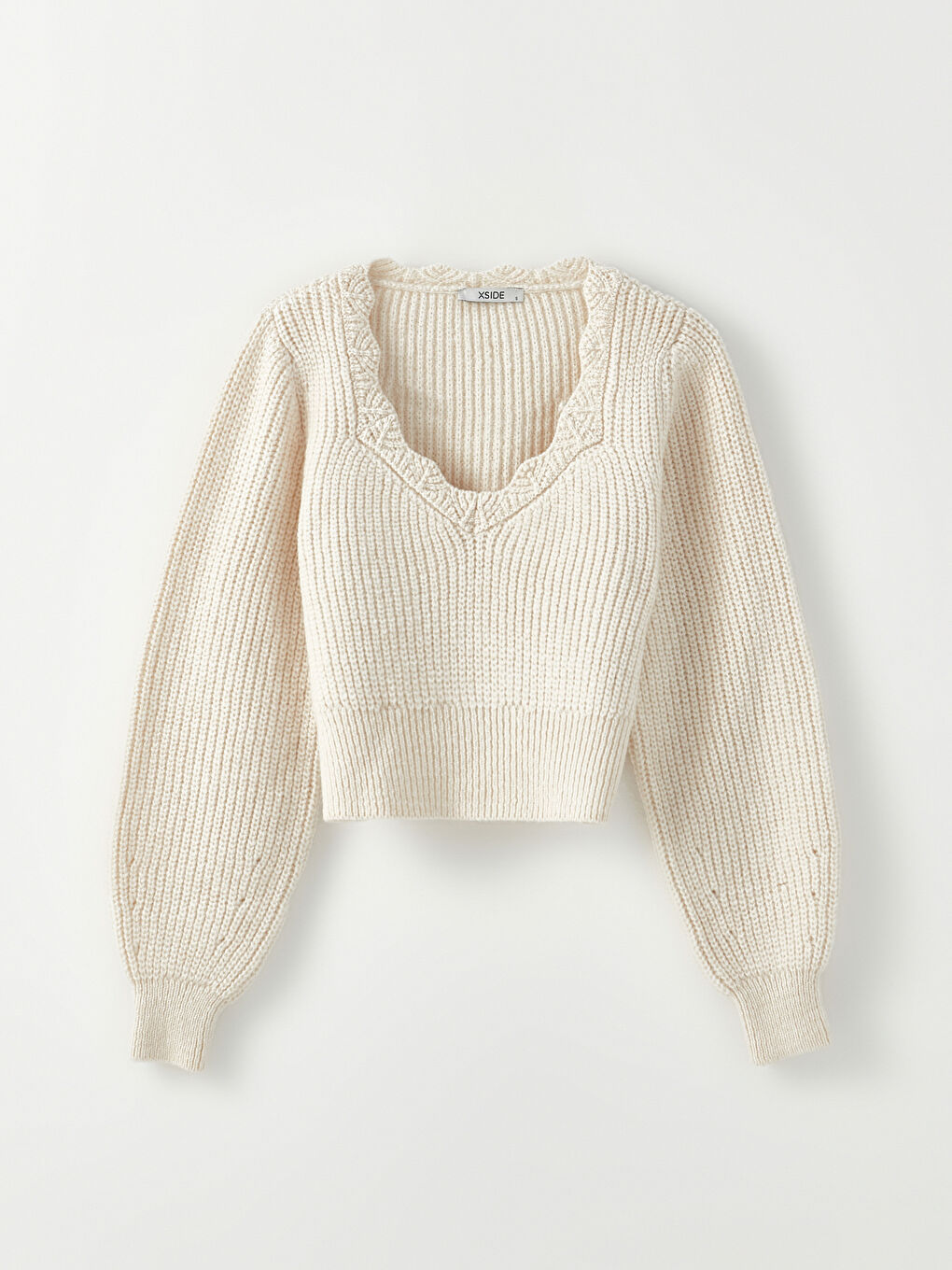 Ekru U Yaka Düz Uzun Kollu Kadın Triko Kazak-6