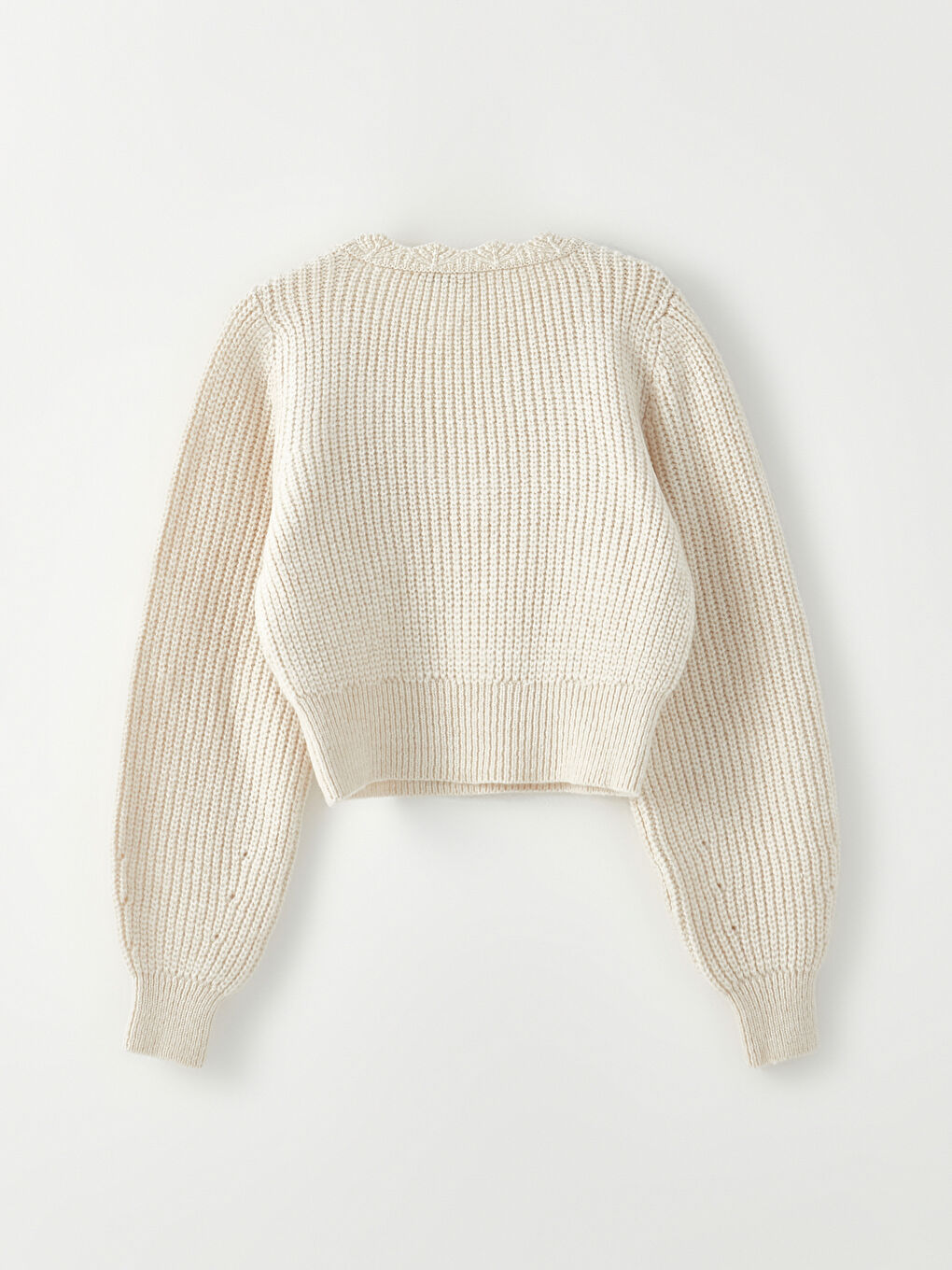 Ekru U Yaka Düz Uzun Kollu Kadın Triko Kazak-7