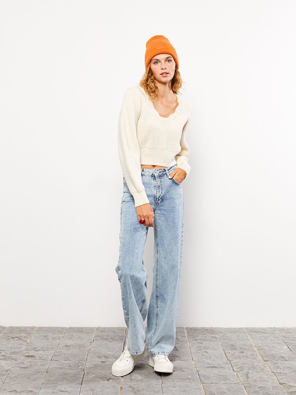 Ekru U Yaka Düz Uzun Kollu Kadın Triko Kazak-3