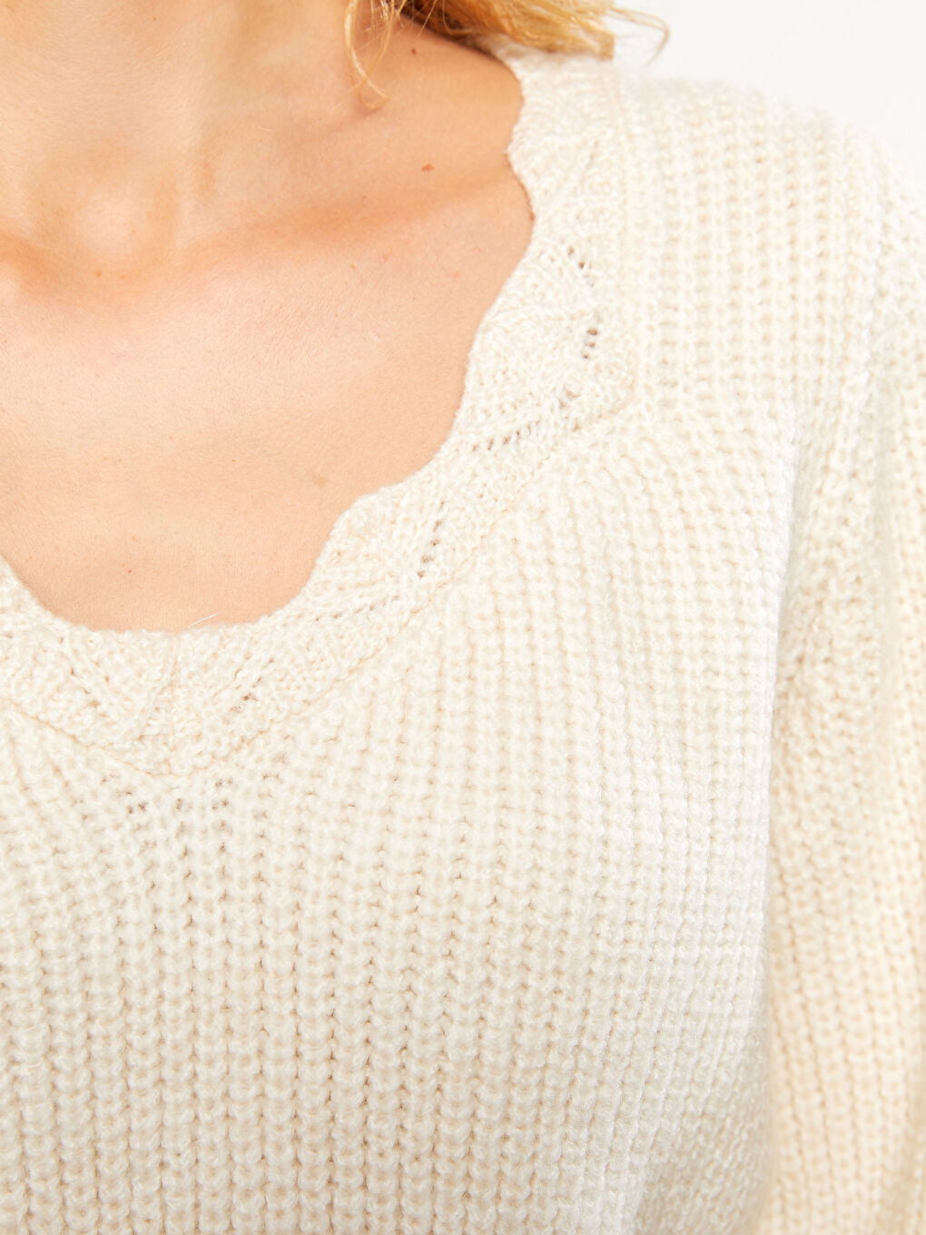 Ekru U Yaka Düz Uzun Kollu Kadın Triko Kazak-4