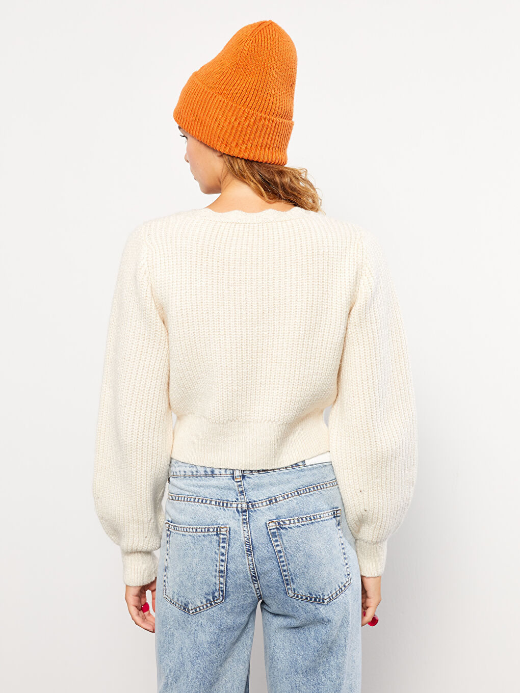 Ekru U Yaka Düz Uzun Kollu Kadın Triko Kazak-5