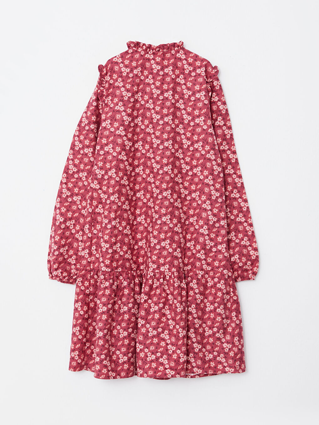 Pembe Bisiklet Yaka Desenli Uzun Kollu Gabardin Kız Çocuk Elbise-1