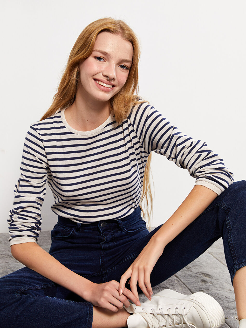 Crew Neck Striped Long Sleeve Women's T-Shirt