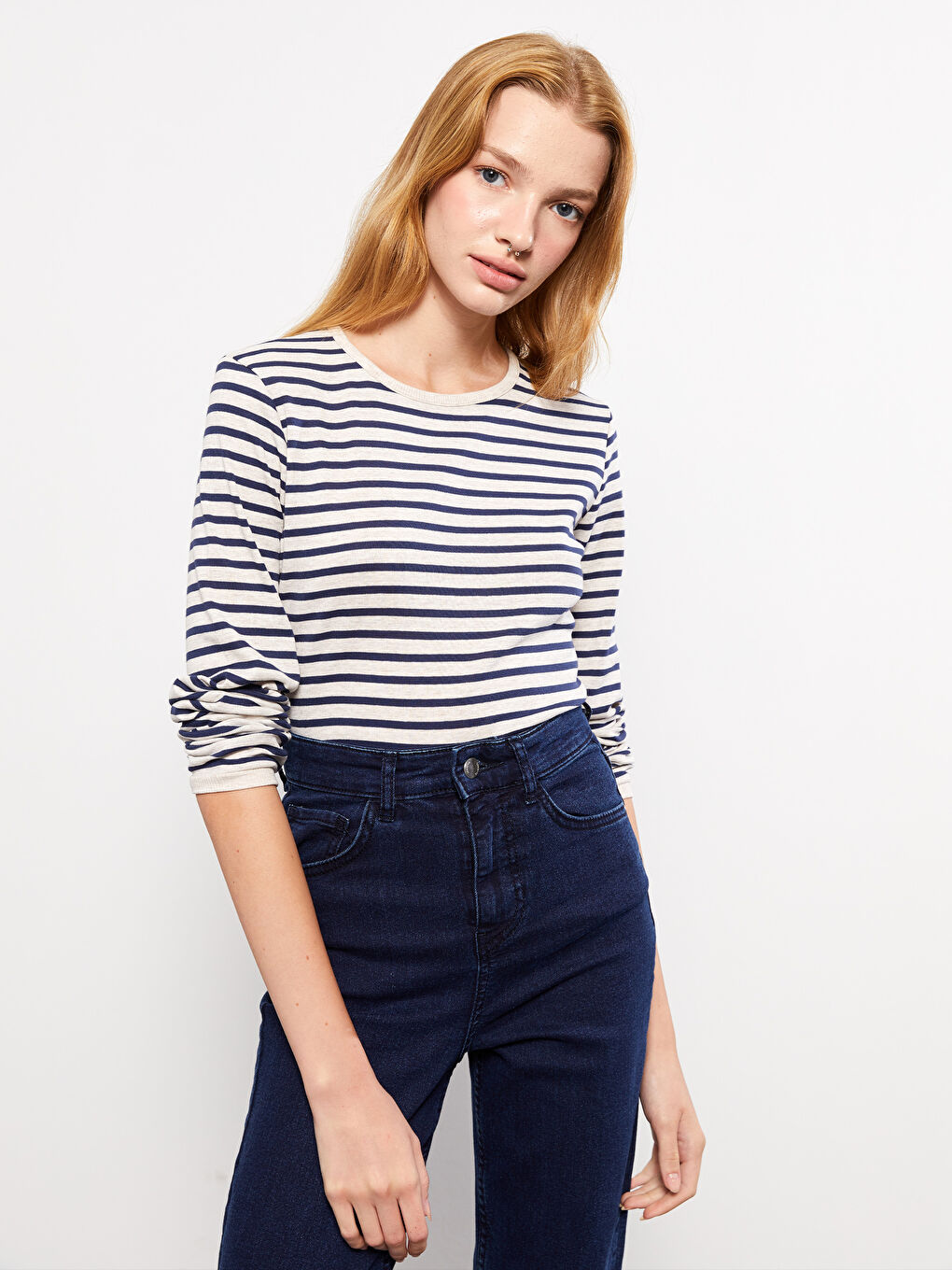 Crew Neck Striped Long Sleeve Women's T-Shirt-1