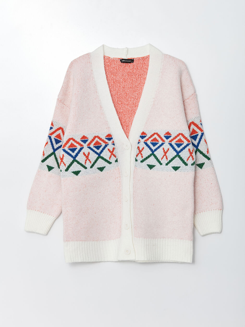 Ekru V Yaka Desenli Uzun Kollu Kadın Hırka-5