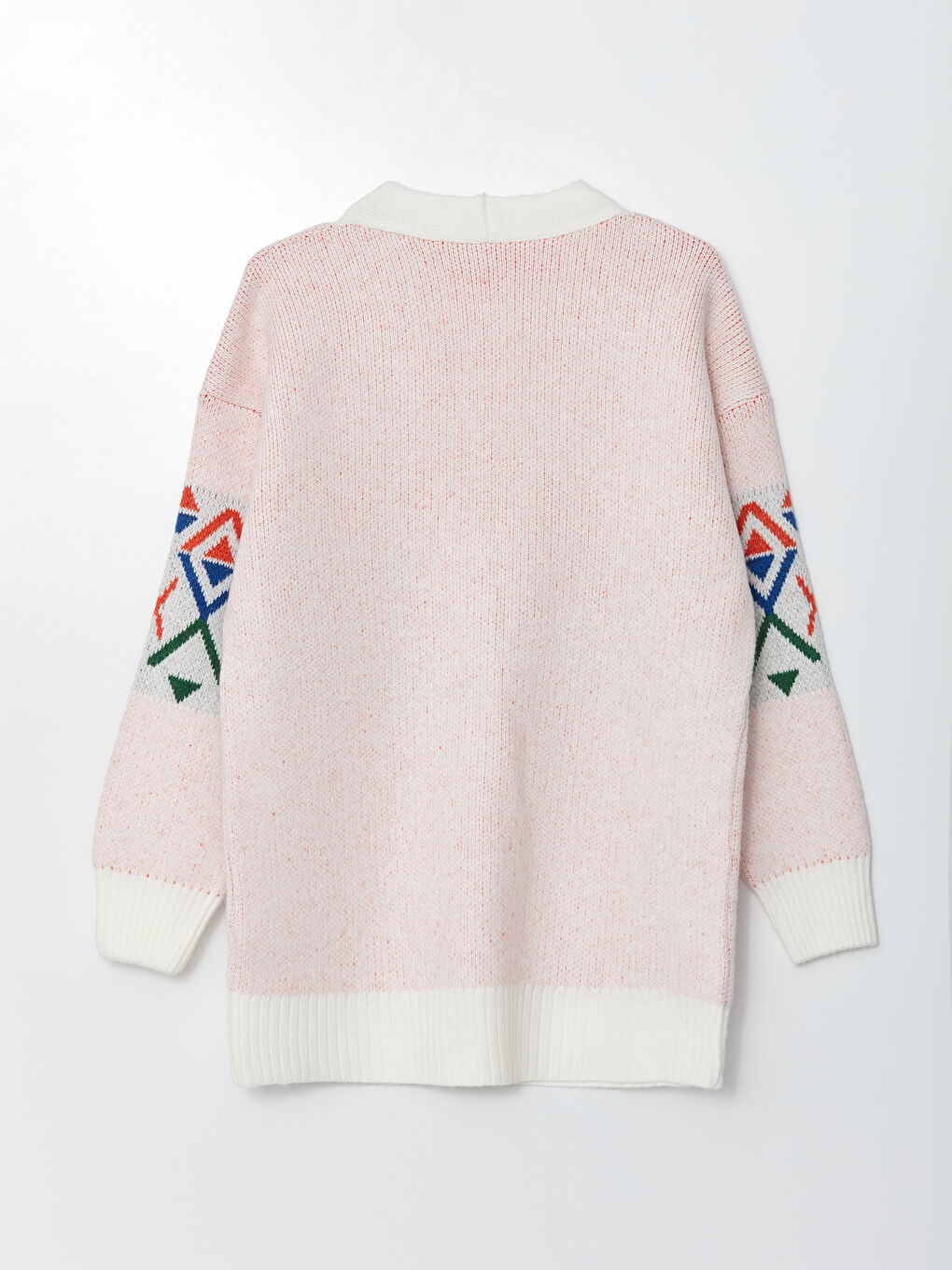 Ekru V Yaka Desenli Uzun Kollu Kadın Hırka-6