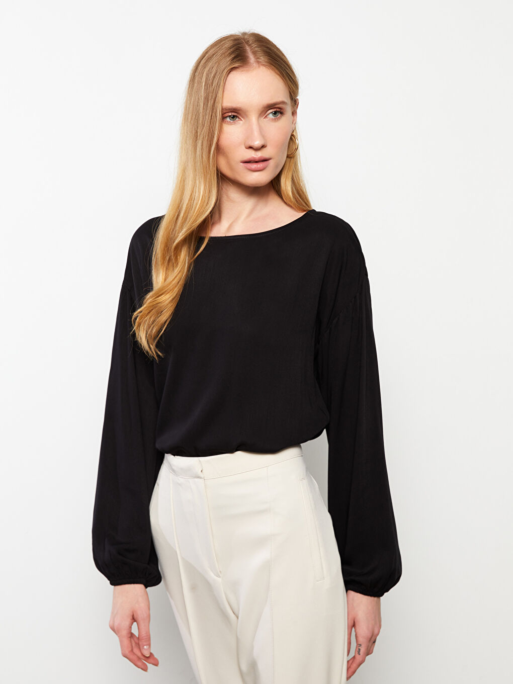 Blouse Droite à Manches Longues en Viscose pour Femmes Col Rond-1