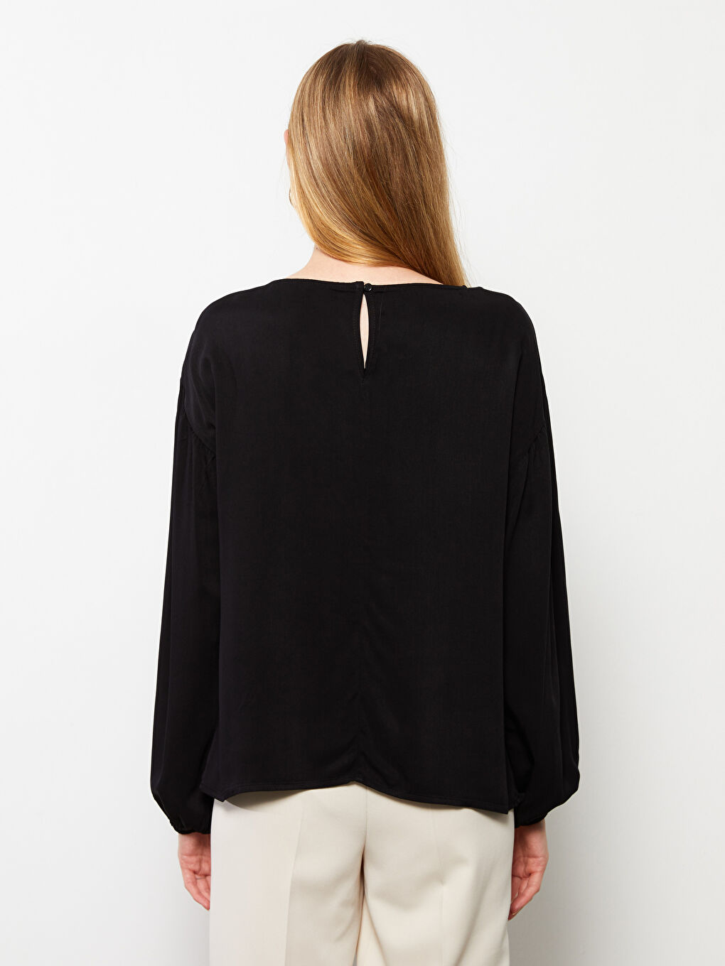 Blouse Droite à Manches Longues en Viscose pour Femmes Col Rond-4