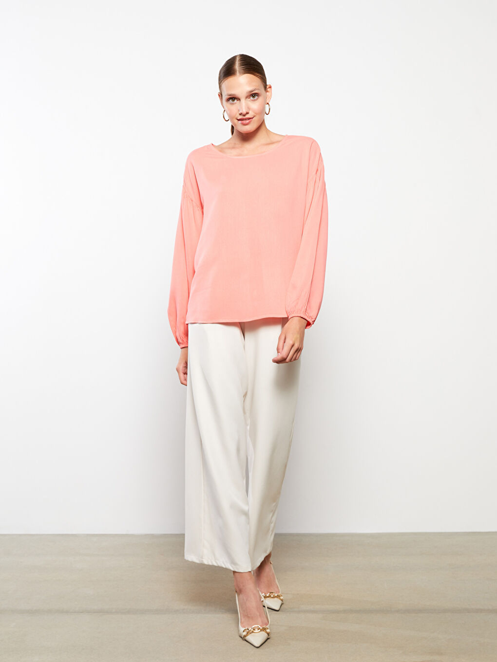 Mercan Bisiklet Yaka Düz Uzun Kollu Viskon Kadın Bluz-2