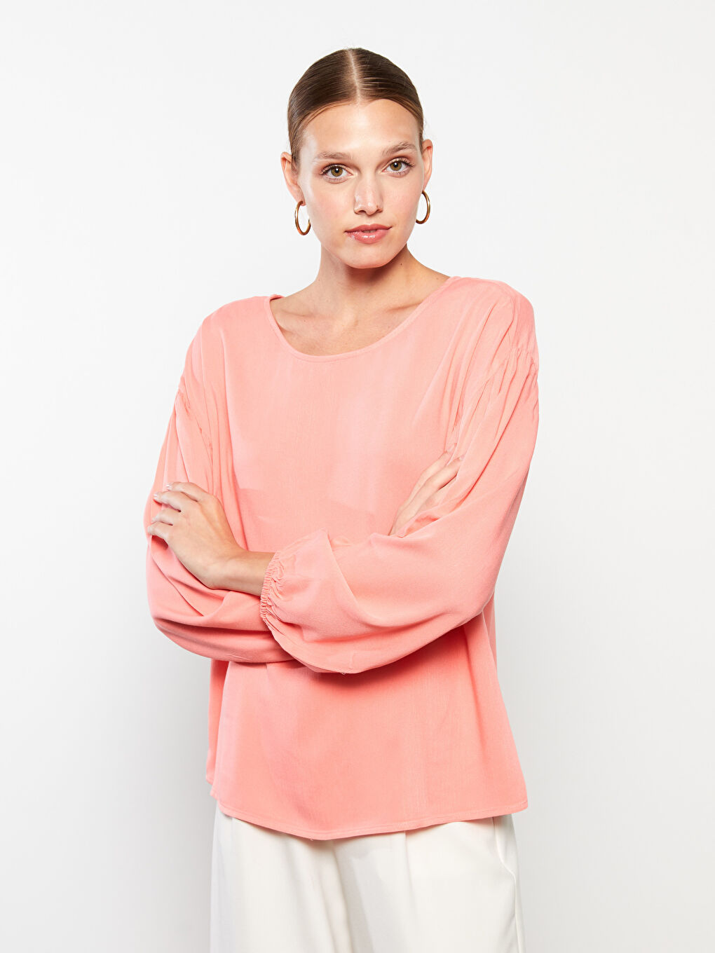 Mercan Bisiklet Yaka Düz Uzun Kollu Viskon Kadın Bluz-4