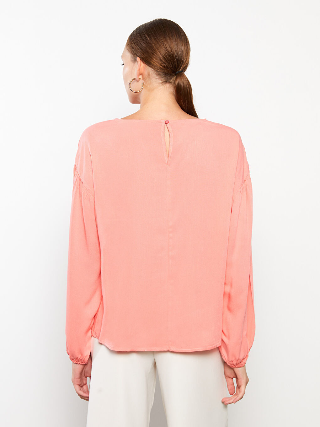 Mercan Bisiklet Yaka Düz Uzun Kollu Viskon Kadın Bluz-8