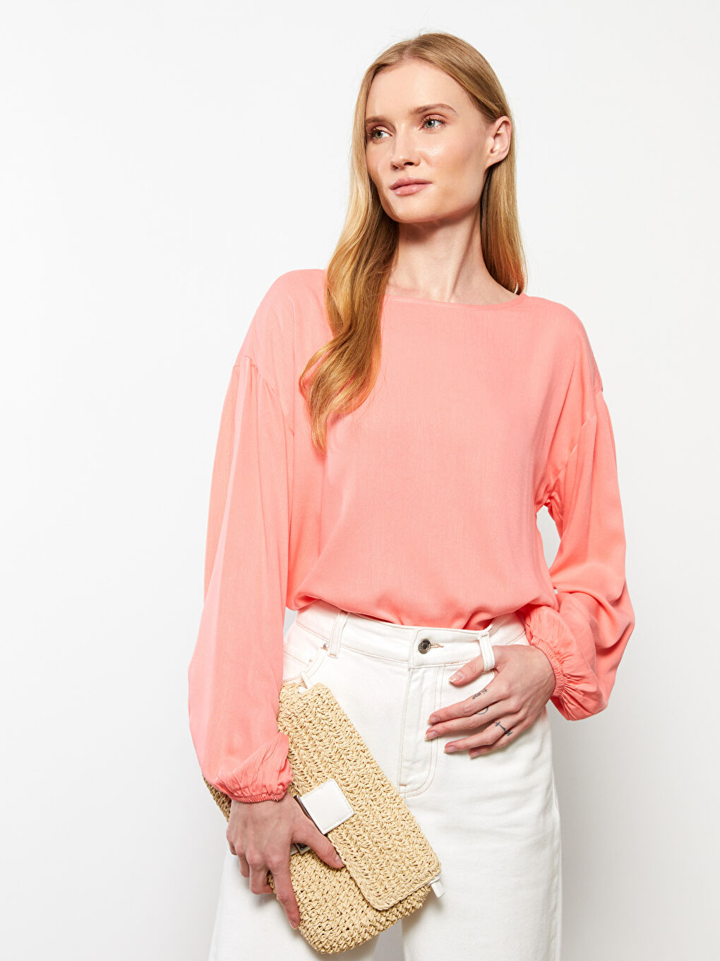 Mercan Bisiklet Yaka Düz Uzun Kollu Viskon Kadın Bluz-3