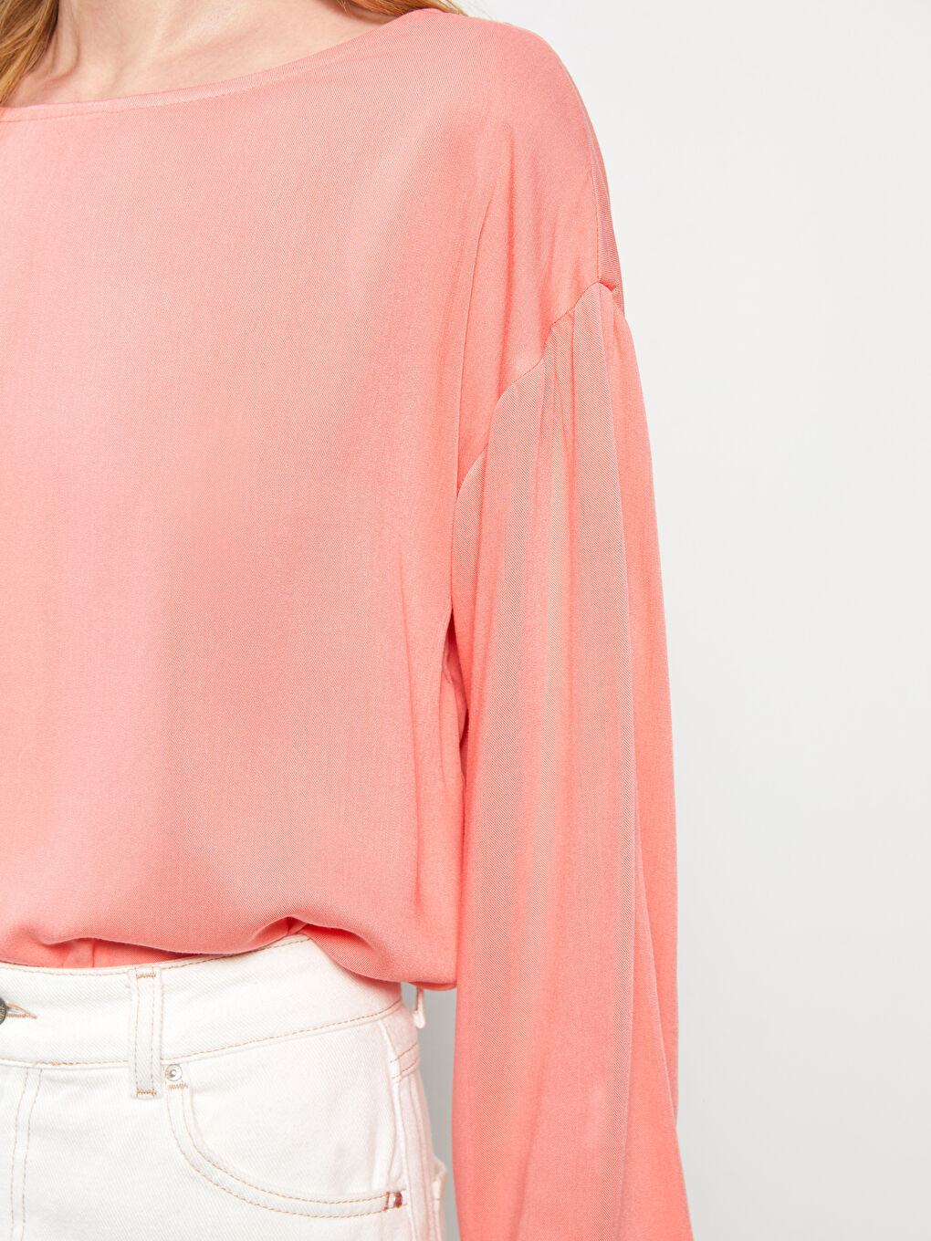 Mercan Bisiklet Yaka Düz Uzun Kollu Viskon Kadın Bluz-7