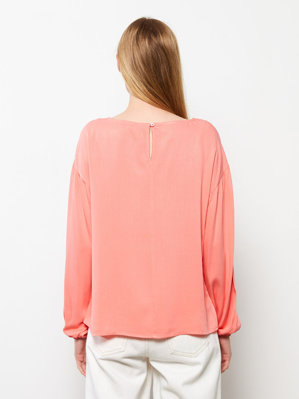 Mercan Bisiklet Yaka Düz Uzun Kollu Viskon Kadın Bluz-9