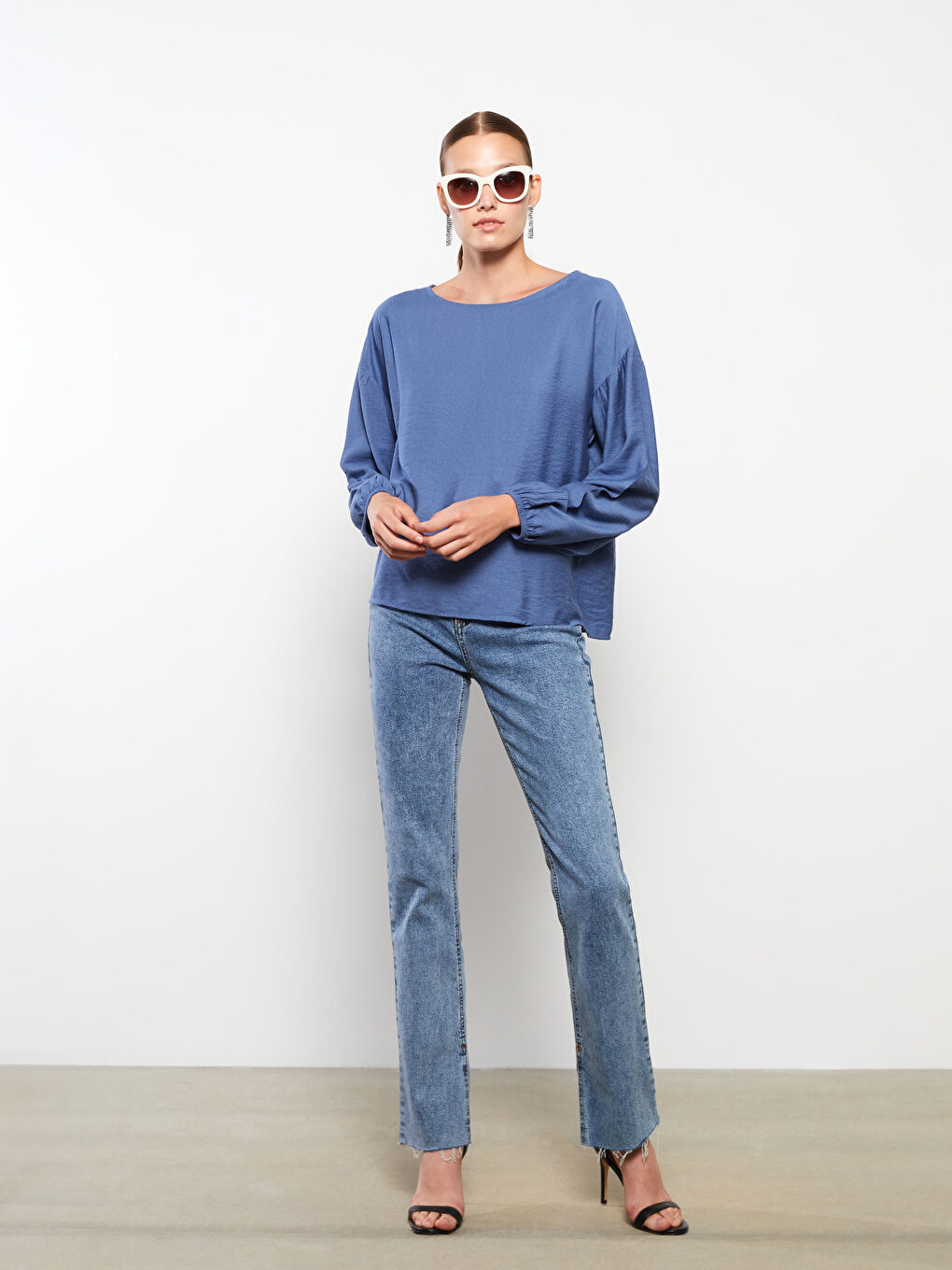 İndigo Kayık Yaka Düz Uzun Kollu Kadın Bluz-4
