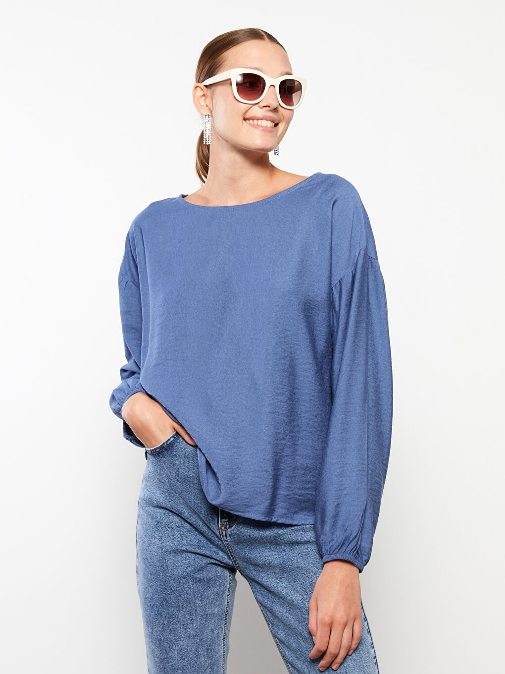 İndigo Kayık Yaka Düz Uzun Kollu Kadın Bluz-6