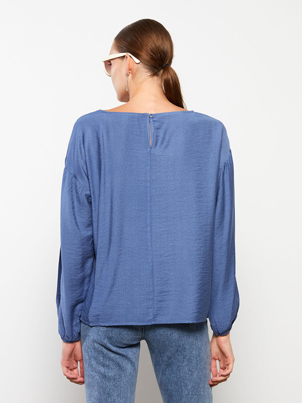 İndigo Kayık Yaka Düz Uzun Kollu Kadın Bluz-10