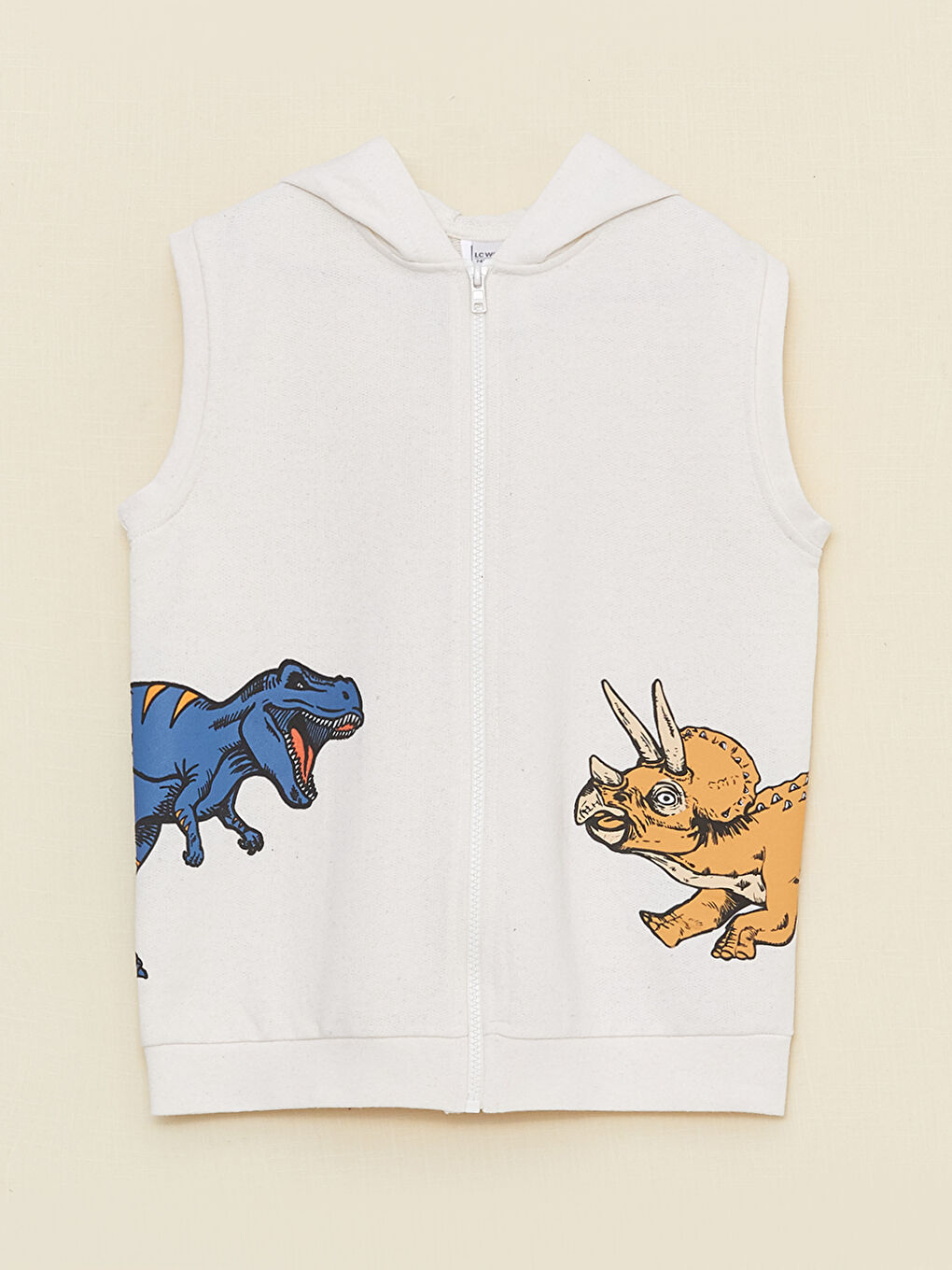 Bej Kapüşonlu Baskılı Erkek Çocuk Yelek