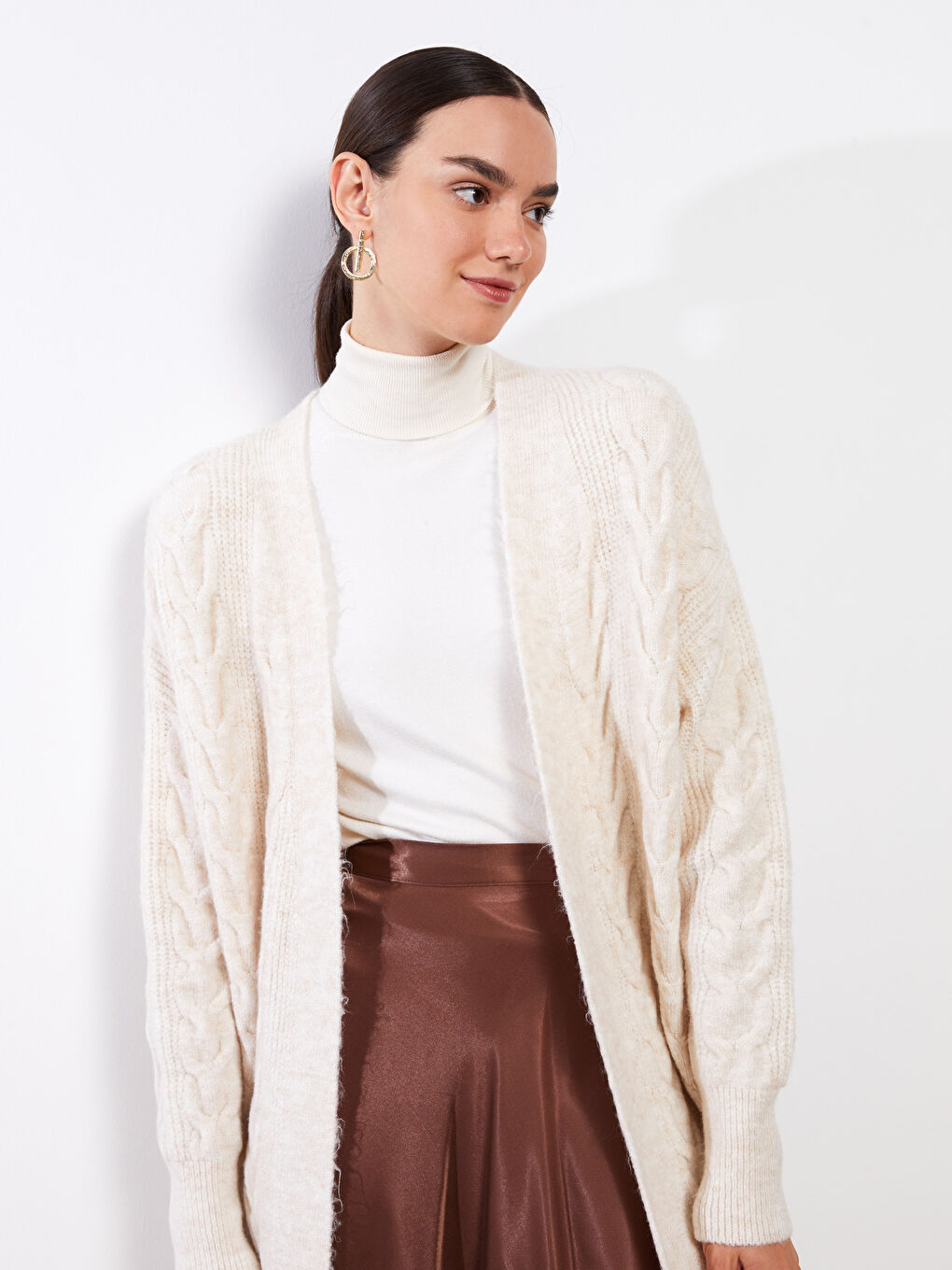 Shawl Collar Self Patterned Long Sleeve Oversize Women's Knitwear Cardigan