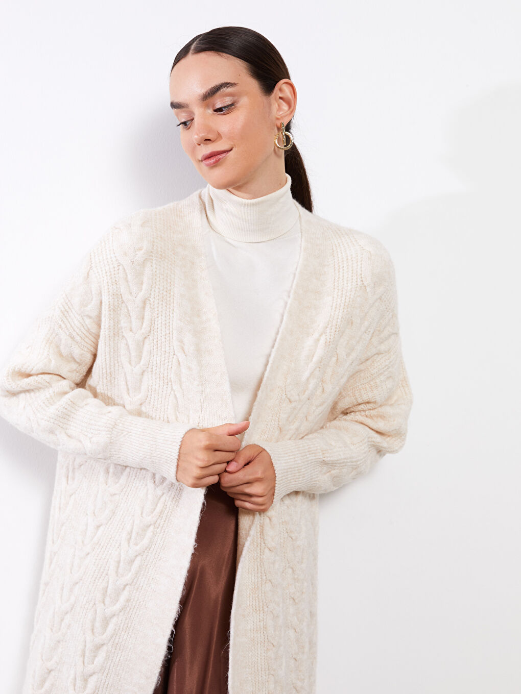 Shawl Collar Self Patterned Long Sleeve Oversize Women's Knitwear Cardigan-1