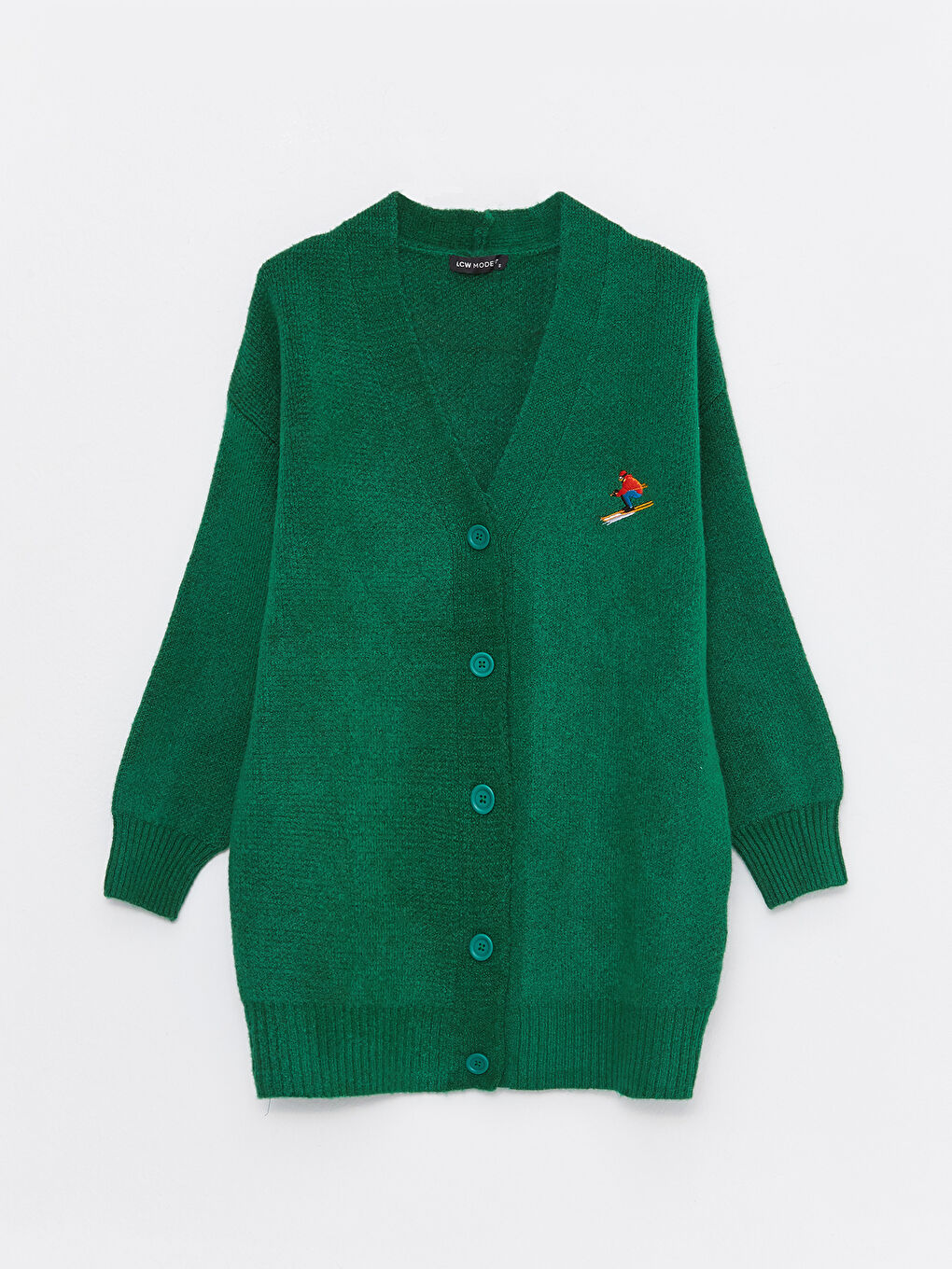 Yeşil V Yaka Nakışlı Uzun Kollu Oversize Kadın Triko Hırka-4