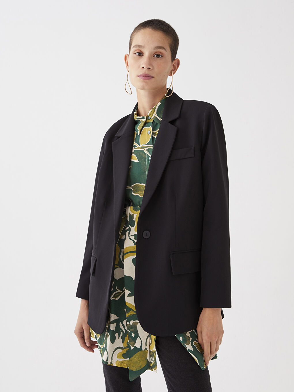 Siyah Düz Uzun Kollu Kadın Blazer Ceket-2