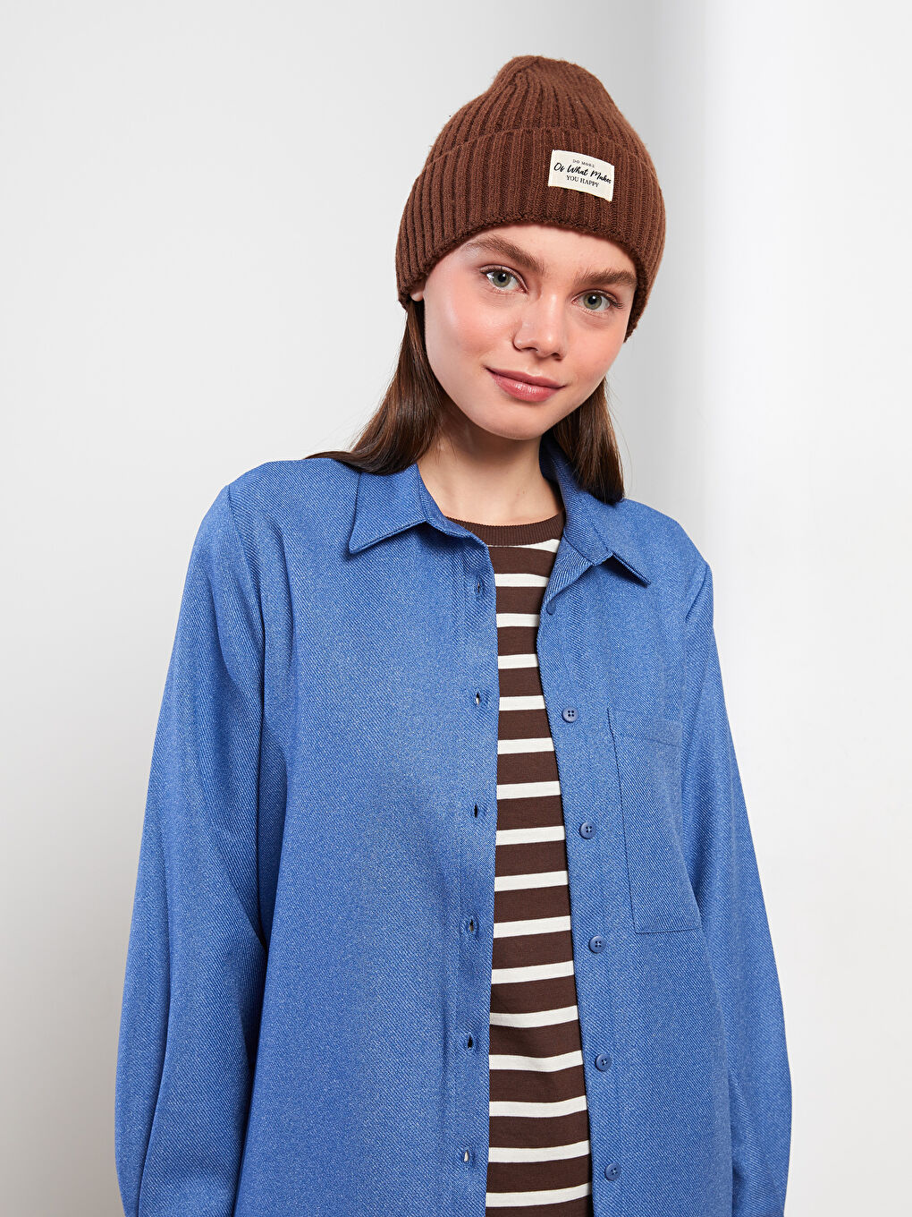 Mavi Düz Uzun Kollu Kadın Gömlek Tunik-1