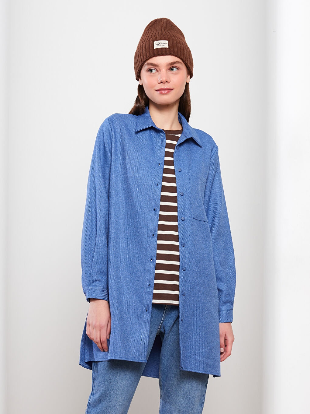 Mavi Düz Uzun Kollu Kadın Gömlek Tunik-3