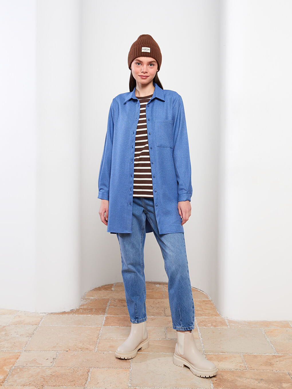 Mavi Düz Uzun Kollu Kadın Gömlek Tunik-5