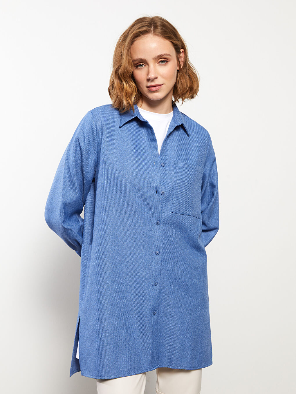 Mavi Düz Uzun Kollu Kadın Gömlek Tunik