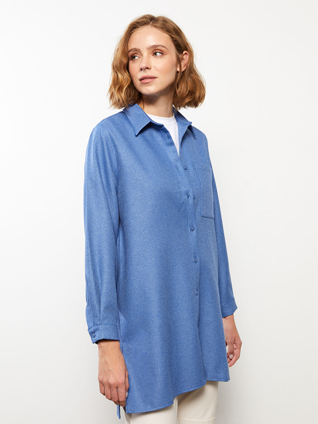 Mavi Düz Uzun Kollu Kadın Gömlek Tunik-2