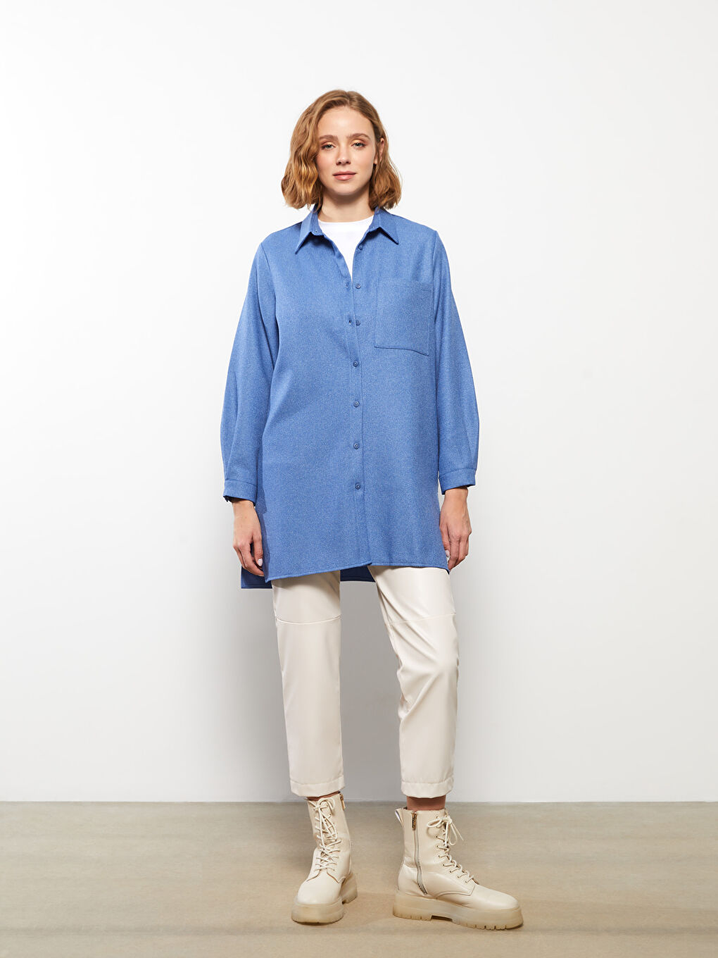 Mavi Düz Uzun Kollu Kadın Gömlek Tunik-4