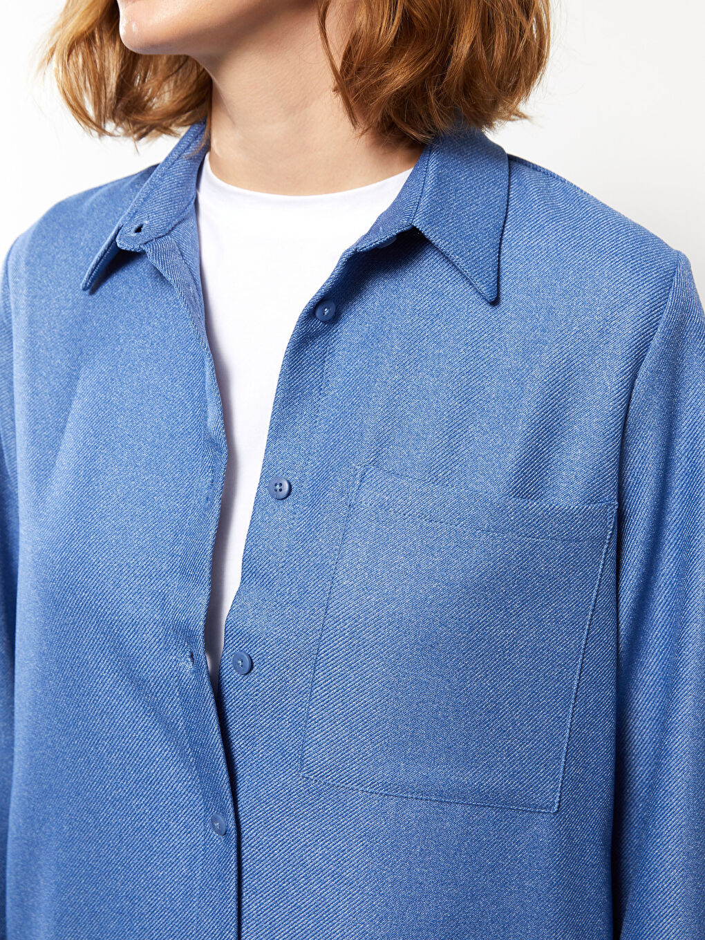 Mavi Düz Uzun Kollu Kadın Gömlek Tunik-6