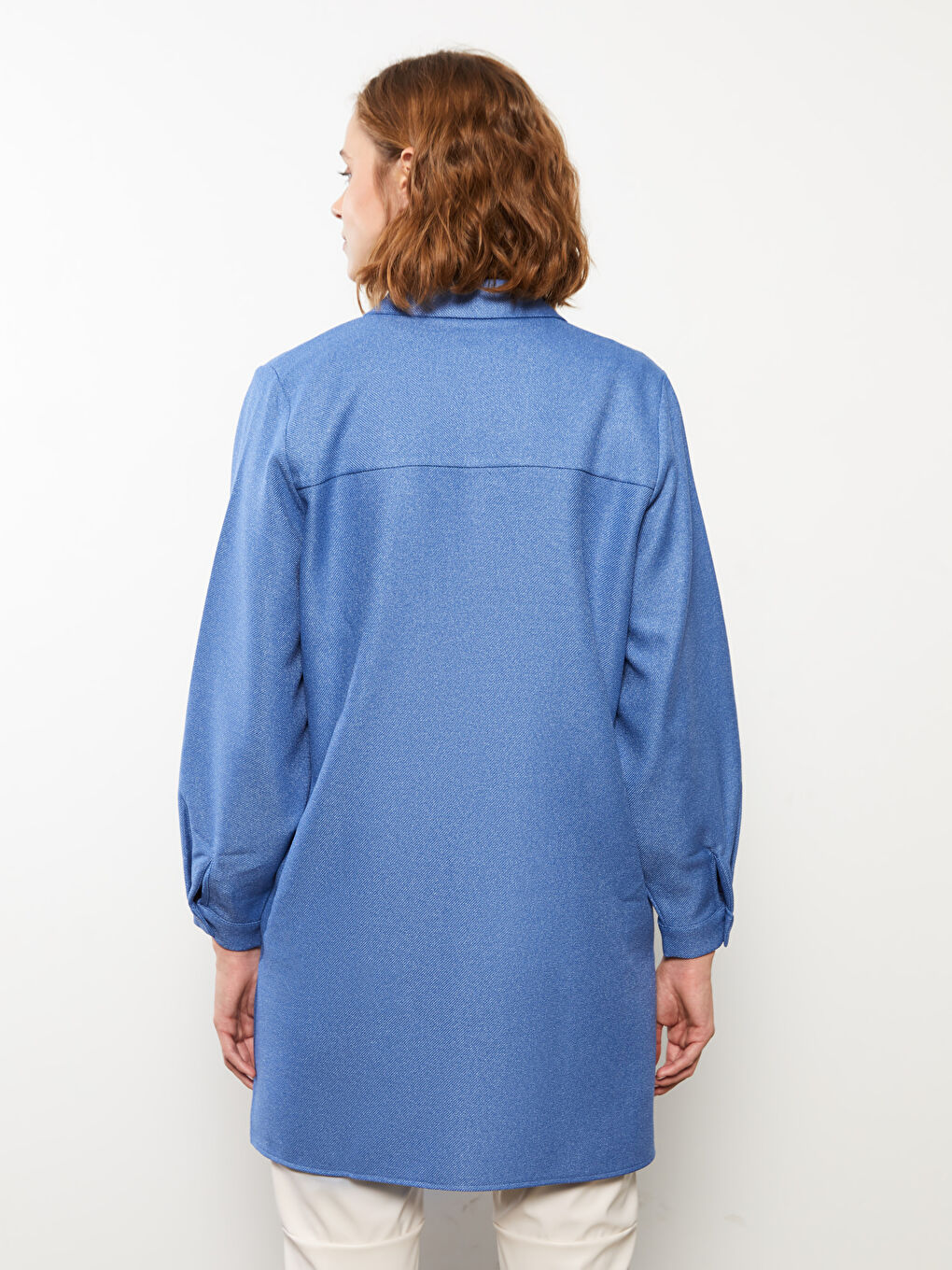 Mavi Düz Uzun Kollu Kadın Gömlek Tunik-8