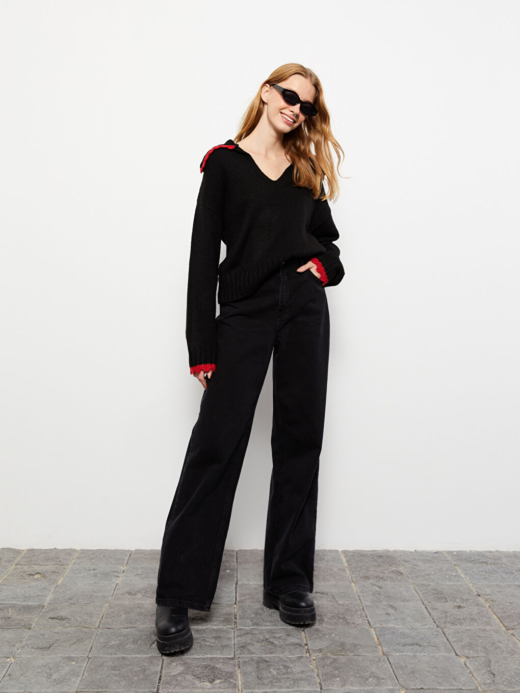 Siyah Kadın Yüksek Bel Wideleg Düz Jean Pantolon