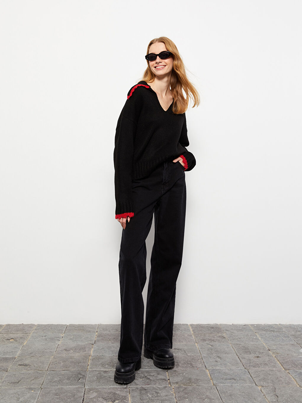 Siyah Kadın Yüksek Bel Wideleg Düz Jean Pantolon-1